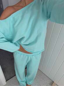 Comfortable Off-The-Shoulder Sweatshirt And Wide Leg Pant Set For Women, Sexy Casual Two Pieces Outfit, Perfect For Fall - Baby Blue - View 4