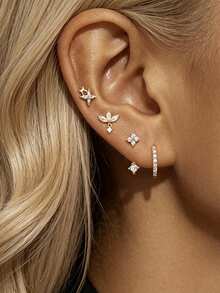 Juego de 4 piezas de pendientes dorados, con circonita cúbica cuadrada, estrella, flor, hoja, trébol y aros, cuidadosamente diseñados como joyería apilable de múltiples perforaciones para mujeres, para uso diario, fiestas y celebraciones - Dorado - Ver 4