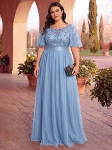 EVERPRETTY Blue Mesh Patchwork Sequin Elegant Bridesmaid Dress, Formal Party Holiday Valentine's Day Dress Wedding Spring Fall - Baby Blue - View 8