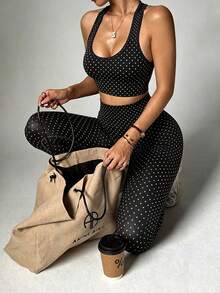 Polka Dot 2 Pieces Workout Set, Racerback Crop Bra High Waist Tummy Control Leggings Stretch Yoga Gym Athleisure Outfit - Black and White - View 2