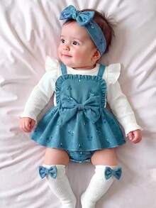 Autumn/Winter Baby Girl Cute Blue Floral Bow Flutter Sleeve Bodysuit & Bodysuit & Floral Headband & Bow Socks Full Moon/100 Days Photo Shoot & Outdoor Outfit Set - Blue - View 2