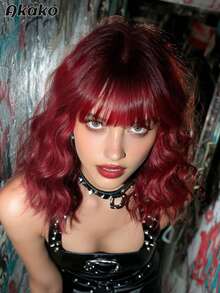 AKAKO 12 Inch Burgundy Short Wavy Wig, Water Wave Curly Bob Wigs With Full Bangs, Fluffy Synthetic Heat-Resistant Fiber Hair Halloween Costume Wig For Cosplay Wear, Music Festival, Carnival Party Use - Burgundy - View 6