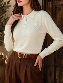 DONICY Women's Cream Polo Collar Diagonal Hollow Half Button Cropped Knit Top, Long Sleeve Textured Sweater For Spring Fall Daily Wear - Apricot - View 6