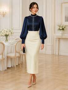 Setelan 2 Potong Wanita Elegan Musim Semi/Gugur, Atasan Lengan Panjang Warna Polos & Rok Warna Polos, Modis dan Romantis - Royal Blue - View 1