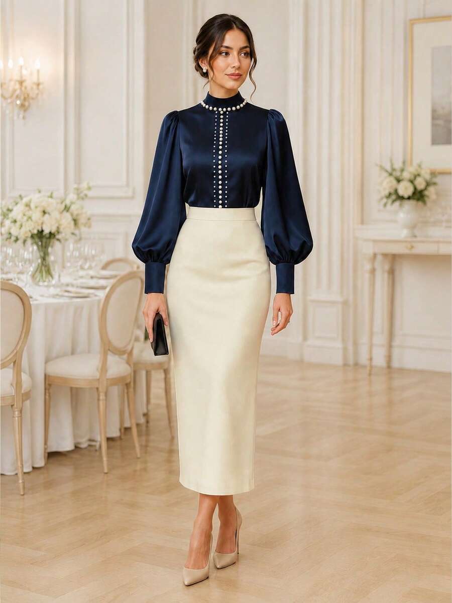 Setelan 2 Potong Wanita Elegan Musim Semi/Gugur, Atasan Lengan Panjang Warna Polos & Rok Warna Polos, Modis dan Romantis - Royal Blue - View 1
