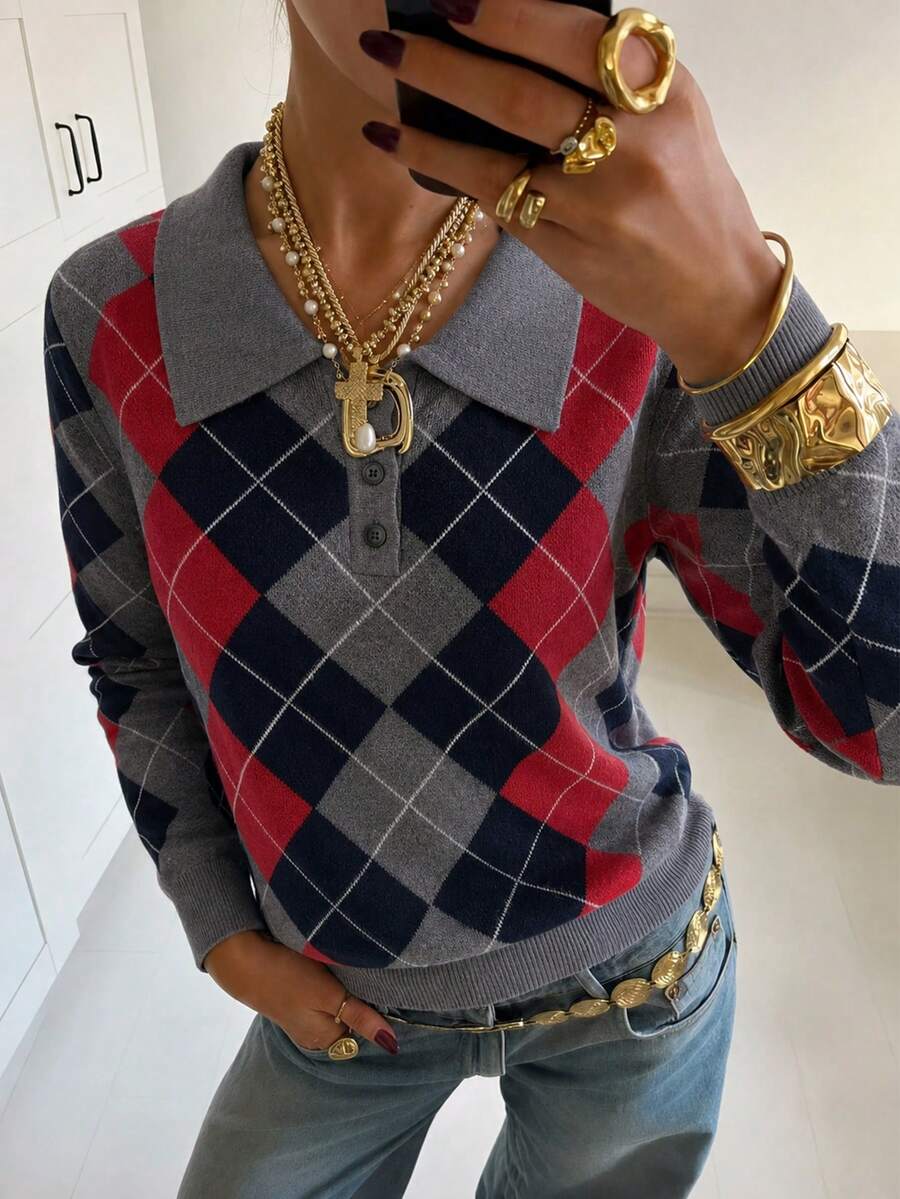 Women's New Autumn Fashion Casual Y2K College Style Streetwear Colorblock Polo Shirt Gray Dual-Color Argyle Pattern Button Design - Grey - View 1