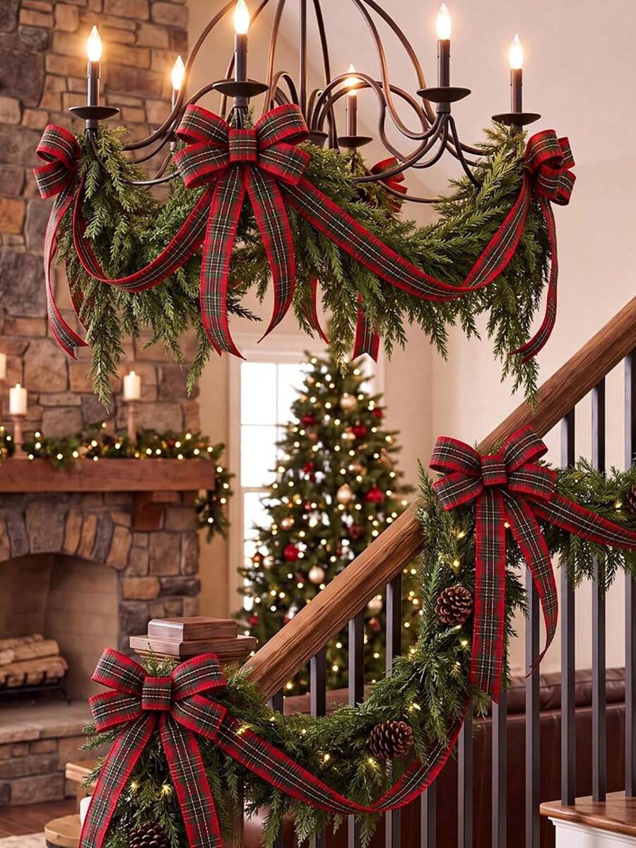 1 Set DIY Christmas Chandelier Garland Decorations Included Artificial Pine Garlands And Green Red Plaid Ribbons Xmas Dining Room Table Decoration For Christmas Theme Holiday Party Backdrop Centerpiece - Decorative Pendant - View 1