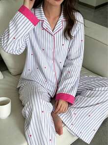 Nina Bonheur 2pcs/Set Women's Loose Comfortable Breathable Striped Long Sleeve Long Pants Cute Pajama Set - Blue - View 4