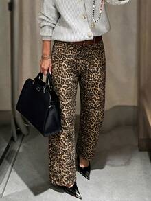 Celana Jeans Denim Wanita Kasual Motif Leopard Model Lurus Pinggang Tinggi Terbaru Musim Gugur/Dingin - Kuning - View 2