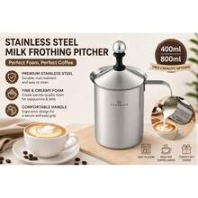 Stainless Steel Milk Frothing Pitcher With Lid, 400ml/800ml Milk Frother Jug With Handle For Coffee, Cappuccino & Latte - Silver - View 1