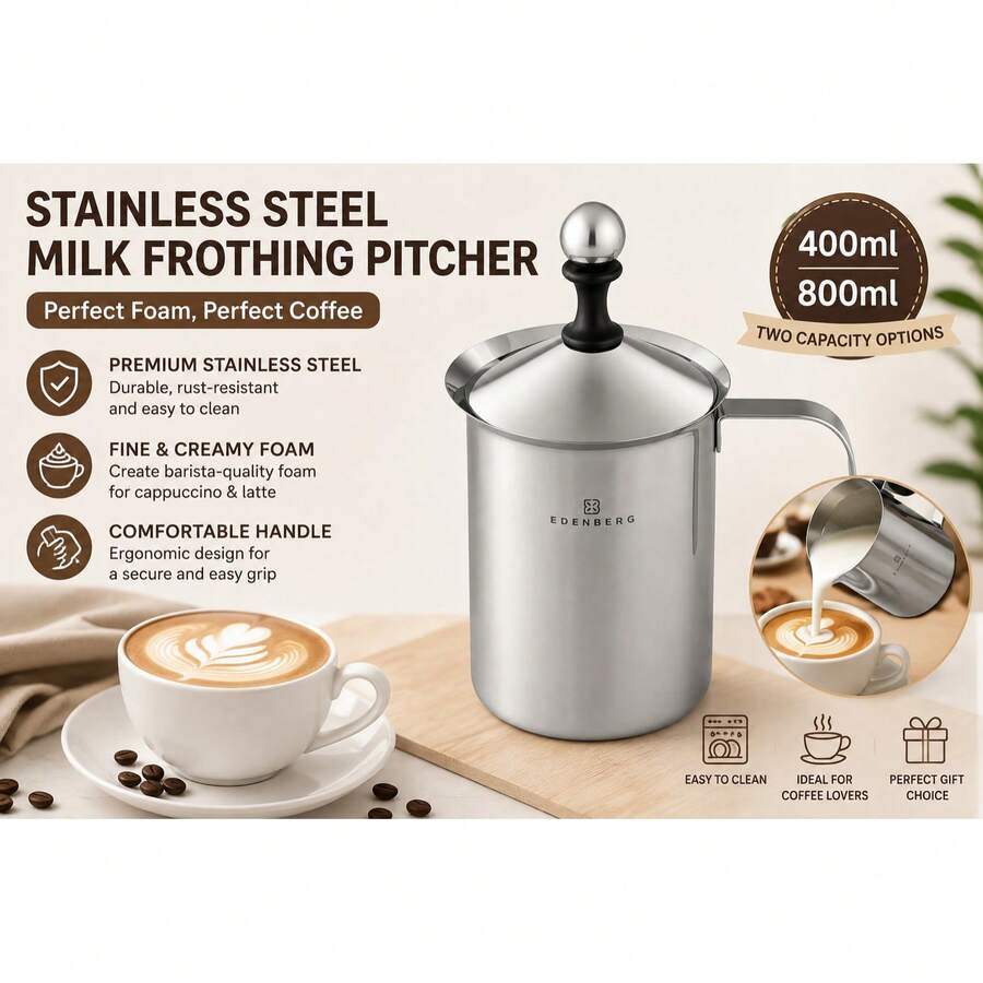 Stainless Steel Milk Frothing Pitcher With Lid, 400ml/800ml Milk Frother Jug With Handle For Coffee, Cappuccino & Latte - Silver - View 1