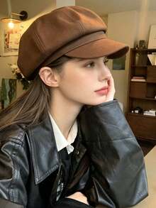 1件女款可穿戴八角帽簡約貝雷帽，適合日常穿著，冬秋保暖，秋冬新聞童帽 - 羊毛呢 - 查看 2