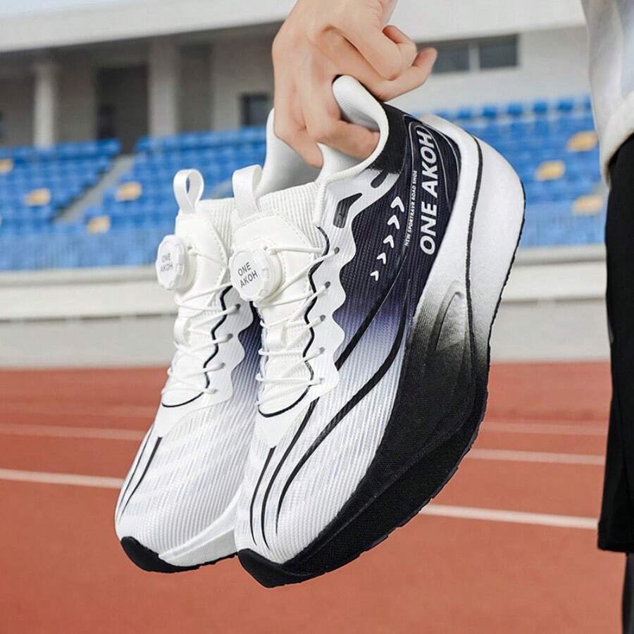Men Gradient Mesh Racing Running Sneakers Quick Rotating Buckle Closure Cushioned Thick Stylish Black White Tone Daily Jogging Athletic Footwear - Ink Wash Black and White - View 1