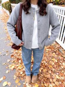 1pc Girls Casual Outdoor Solid Color Crew Neck Short Knit Cardigan Sweater, Thick, Suitable For Autumn/Winter - رمادي - مشاهدة 2