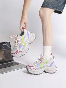 Women Chunky Sneakers, Lace Up Low Top Shoes, Thick Sole Trainers - Hot Pink - View 6