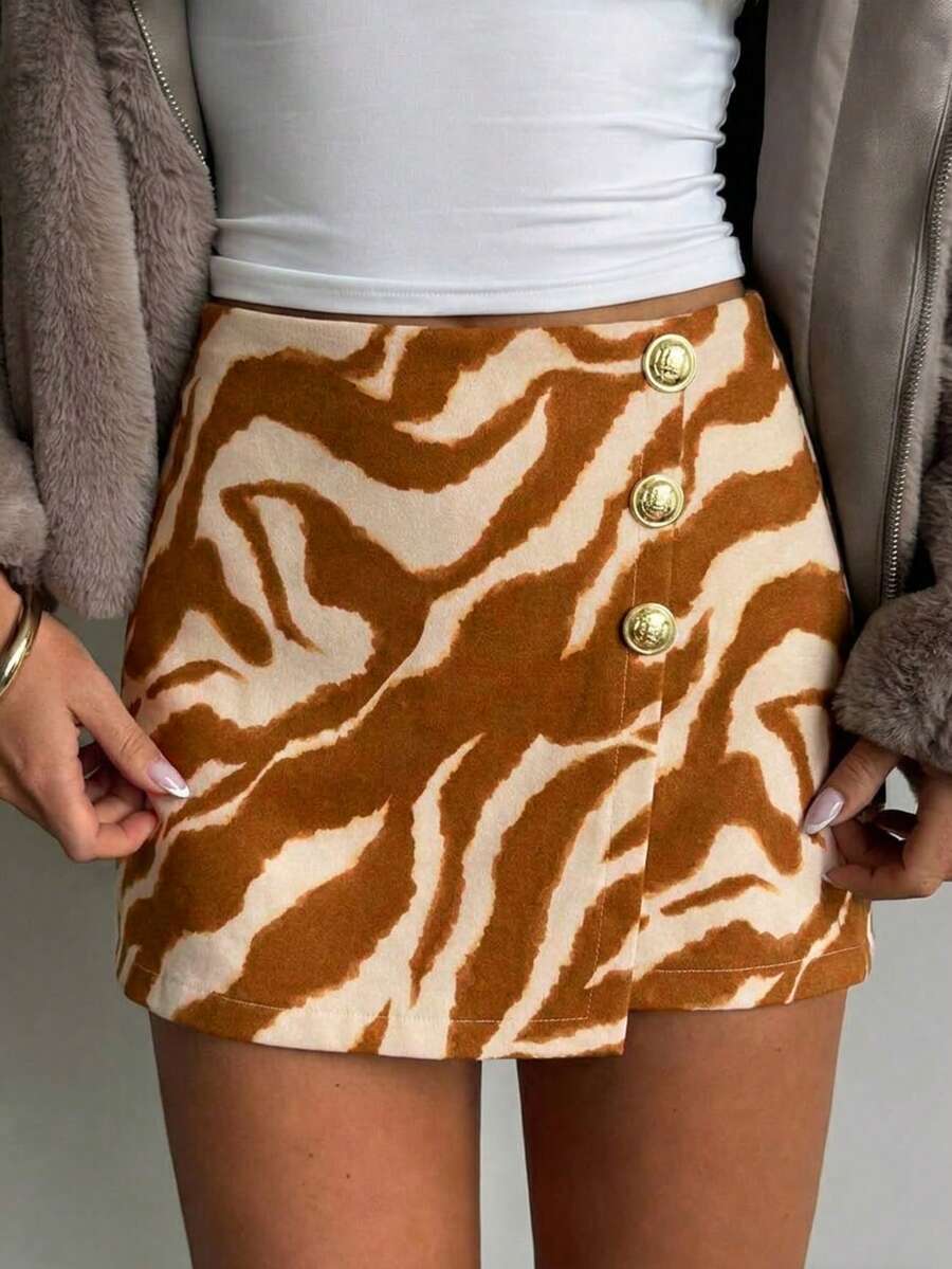 Elegant Casual Vintage Zebra Print Asymmetrical Gold Buckle Decor High Waist A-Line Skort Yellow Vacation - Yellow - View 1