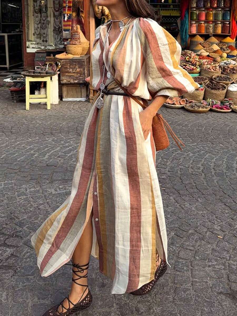 New Women's Random Striped Flowy Long Woven (No Belt) Dress, Casual ...