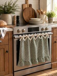 Plaid Ruffled Oven Door Curtain With Bow, Farmhouse Style Kitchen Oven Handle Cover, Detachable Decorative Kitchen Cabinet Curtain, Home Kitchen Decor - Ruffled Edge - View 1