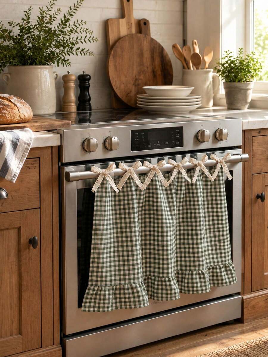 Plaid Ruffled Oven Door Curtain With Bow, Farmhouse Style Kitchen Oven Handle Cover, Detachable Decorative Kitchen Cabinet Curtain, Home Kitchen Decor - Ruffled Edge - View 1