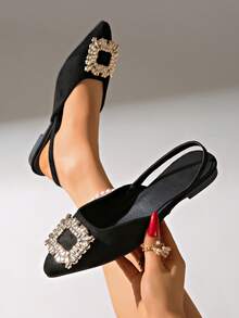 Black Suede Square Rhinestone Buckle Pointed Toe Back Strap Flat Shoes Women's Rhinestone Square Buckle Low Vamp Party Mule Shoes - Black - View 2
