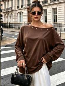 Women's Spring/Autumn Elegant Casual Daily Vacation Travel Country Music Concert Asymmetric/Irregular Off-Shoulder Solid Color Knit Long Sleeve T-Shirt - Rust Brown - View 1