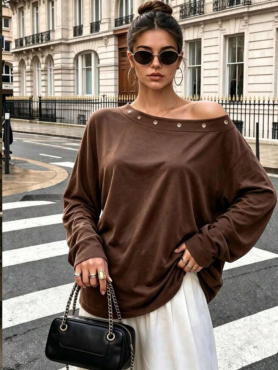 Women's Spring/Autumn Elegant Casual Daily Vacation Travel Country Music Concert Asymmetric/Irregular Off-Shoulder Solid Color Knit Long Sleeve T-Shirt - Rust Brown - View 1
