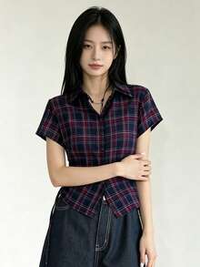 YCYC Korean Style Summer Women's Design Plaid Versatile Casual Shirt - Navy Blue - View 3