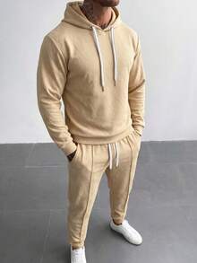 Blueprint Man 2-Piece Men's Sweatshirt Set, Hooded Drawstring Sweatshirt Paired With Matching Fabric Joggers, 3D Diagonal Twill Jacquard Fabric With Rich Texture, Ribbed Cuffs For A Fitted Look, Minimalist Casual Style For Home, Daily Wear, And Commuting - Khaki - View 1