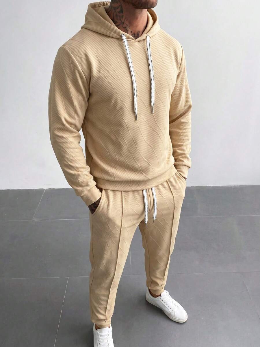 Blueprint Man 2-Piece Men's Sweatshirt Set, Hooded Drawstring Sweatshirt Paired With Matching Fabric Joggers, 3D Diagonal Twill Jacquard Fabric With Rich Texture, Ribbed Cuffs For A Fitted Look, Minimalist Casual Style For Home, Daily Wear, And Commuting - Khaki - View 1