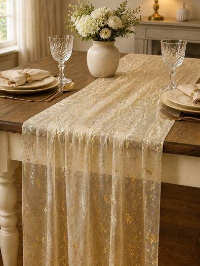 1pc Elegant Gold Glitter Tulle Table Runner, Romantic Bohemian Style Tablecloth, Home Decor, Party Decoration, Table Centerpiece Decoration, Christmas Decoration, Suitable For Wedding, Birthday Party, Bridal Shower And Christmas Tree Decoration