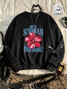 Black Loose-Fit Crew Neck Sweatshirt With Red Floral Print & Blue 'SUNDREAM PARADISE' Lettering, Street Style Pullover For Young Adults, - Black - View 2