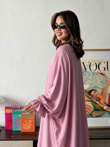 Gaun Abaya Panjang Lengan Panjang Longgar, Jubah Kasual Leher Bulat Panjang, Cocok untuk Pemakaian Sehari-hari - MultiWarna - View 2