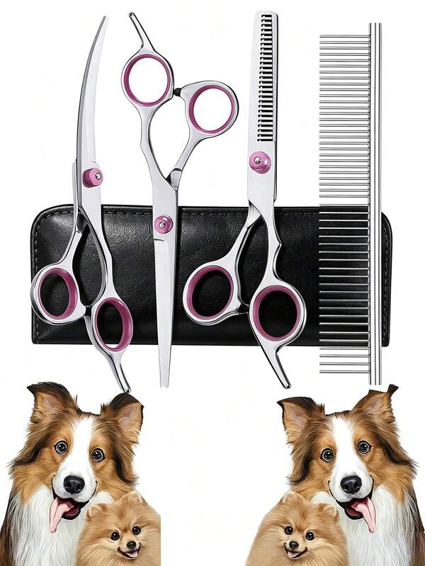 Professional Pet Grooming Scissors Set, Curved Scissors, Straight Scissors, Bangs Scissors, Nail Clippers, Thinning Scissors, Suitable For Cats, Dogs, Rabbits And Other Pets