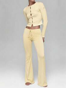 Women's Casual Solid Color Long Straight Leg Pants With Medium Stretch - Yellow - View 3