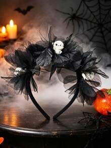 1pc Women's Halloween 3D Pumpkin Castle Witch Hat Skeleton Crow Ghost Mummy Grave Black Tulle Floral Headband Cosplay Dark Series Performance Holiday Party - Multicolor - View 17