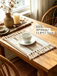 ABEST6522 Home&Living store Poly Linen Blend Woven Table Runner, Farmhouse Style Table Runner With Crochet Trim & Tassel Fringe, Decorative Table Cover For Dining Table, Banquet, Thanksgiving, Christmas & Daily Household Decor - Multicolor - View 6