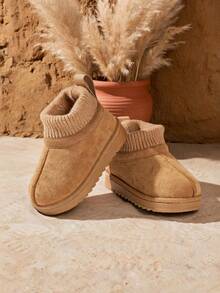 Boys Girls Slip‑On Snow Boots, Elastic Ribbed Sock Cuff Heel Pull‑Tab Thick Plush Lining Outdoor Cold‑Proof Baby Winter Boots - Brown - View 3