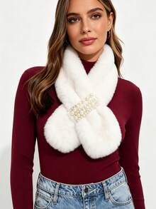 1pc Autumn/Winter Plush Pearl Scarf, Korean Style Thick Solid Color Faux Rabbit Fur Cross Collar Neck Warmer - Multicolor - View 8