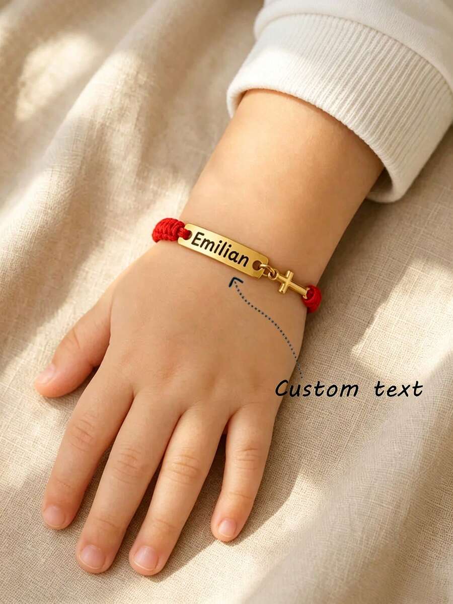 suteyi Vòng tay tên cá nhân hóa cho trẻ em, thiết kế hình chữ thập, chất liệu thép không gỉ mạ vàng chống nước, dây điều chỉnh được - Đỏ - Xem 1