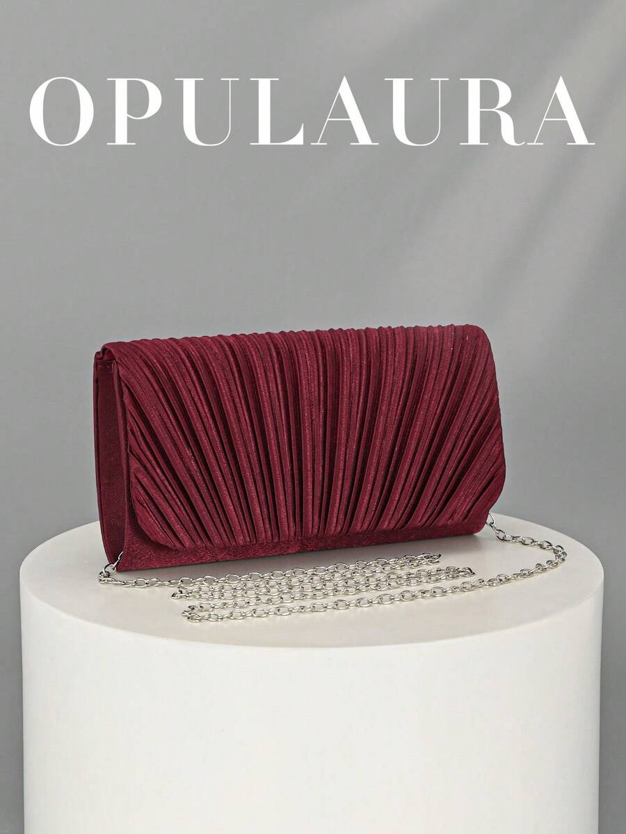 OpulAura 時尚亮面翻蓋晚宴包 高級奢華 PU 皮革派對手拿包 低調奢華閃亮晚宴包 金屬感皮革女包 歐美風信封鏈條包 斜挎包 適合舞會、派對、雞尾酒會、生日派對禮服搭配，適合作為生日禮物、新娘手拿包 - 酒紅色 - 查看 1