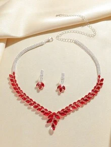 Conjunto de Collar + Pendientes de Circonita Colorida de Lujo Ligero, Exquisito y Versátil para Uso Diario de Mujeres - Rojo - Ver 4
