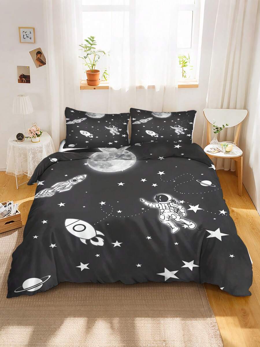 2/3件組兒童太空太空人床上用品套件,黑色星系火箭行星星星被套與枕套(單人/雙人/加大尺寸) - 彩色 - 查看 1