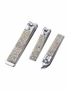 3pcs Luxury Rhinestone Nail Clipper Set, Stainless Steel Sharp Blade Nail Trimmer, Suitable For Fingernails And Toenails, Portable Manicure And Pedicure Tools, Ideal Beauty Gift For Women And Men - Silver - View 8