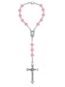 1 pieza Adorno de cruz con cuentas de rosa rosa, elegante decoración colgante para espejo retrovisor - Rosa - Ver 7
