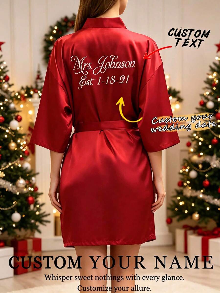 Custom Rhinestone Name Satin Bridal Robe For Women, Pink Morning Robe, Wedding Date Bridesmaid Gift - Red - View 1