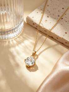 1pc Minimalist Fashion Elegant Style Geometric Round Pendant Decorated With Glass Stainless Steel Necklace Suitable For Women's Daily Wear/Party/Wedding/Friend's Holiday Gift - Yellow Gold - View 3
