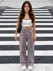 Celana Jeans Wanita Model Lurus, Desain Garis Vertikal Multiwarna Gaya Kasual Jalanan Musim Gugur - MultiWarna - View 6