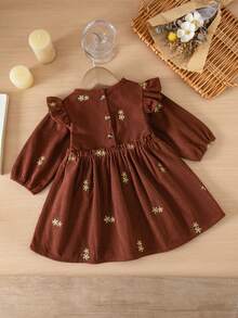 1pc Baby Girl Coffee Color Floral Embroidery Dress, Flutter Sleeve High Waist Ruched Vintage Toddler Dress - Coffee Brown - View 2