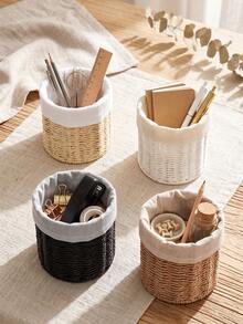 1pc Handwoven Paper Rope Storage Basket With Fabric Liner, Cylindrical Desktop Organizer Bin, Boho Farmhouse Home Decor For Vanity Makeup Brushes, Stationery, Kitchen Countertop, Bedroom Shelf Sundries Organizer - Multicolor - View 8