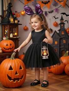 Baby Girls Round Neck Solid Color Party Tutu Princess Dress Pumpkins Ghost Cape 2pcs Set Suitable For Halloween Party, Headband Not Included - Multicolor - View 3